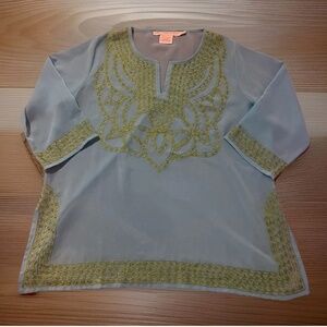 Gretchen Scott Women’s Teal Chiffon Peasant Blouse L Resort Sheer Coastal Boho